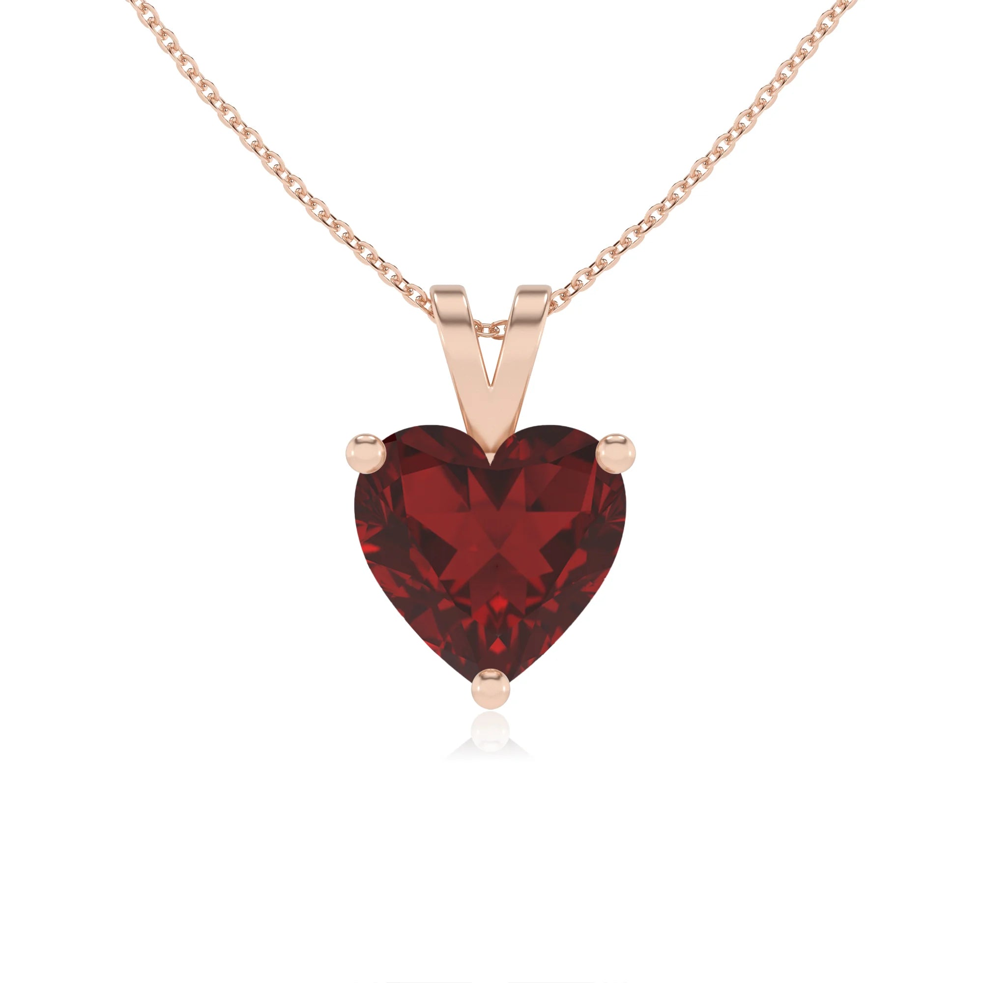 natural garnet heart solitaire v-bale necklaces in rose gold 