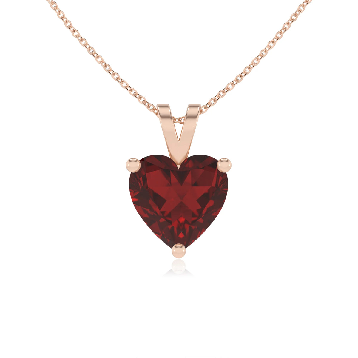 natural garnet heart solitaire v-bale necklaces in rose gold 
