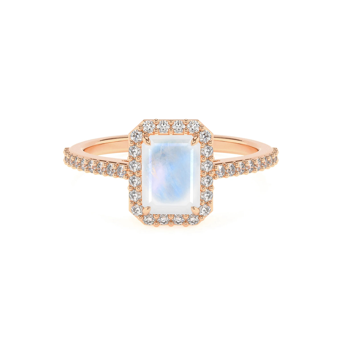 natural rainbow-moonstone emerald cut solitaire rings in rose gold 