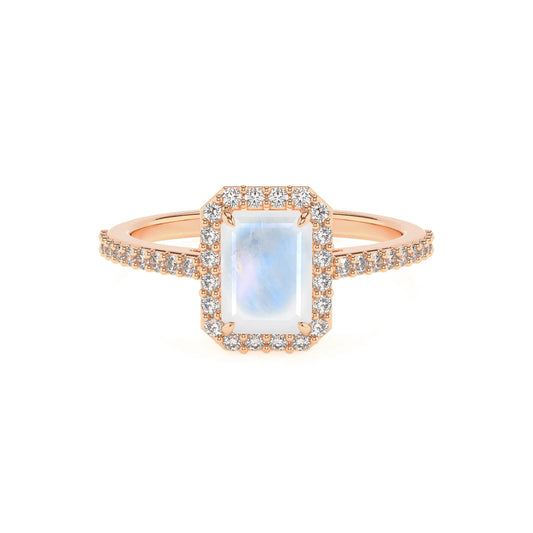 natural rainbow-moonstone emerald cut solitaire rings in rose gold 