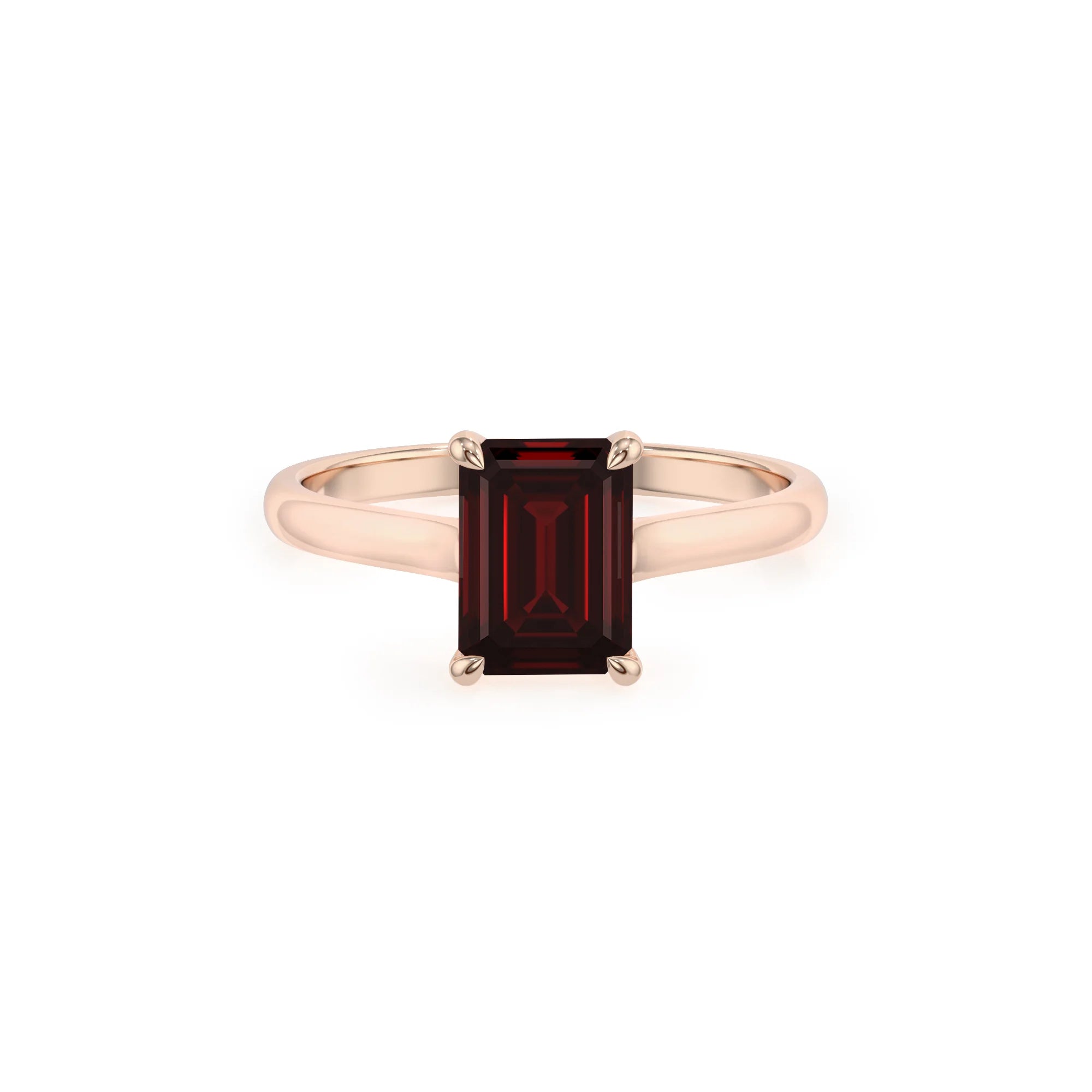 natural garnet emerald cut solitaire rings in rose gold 