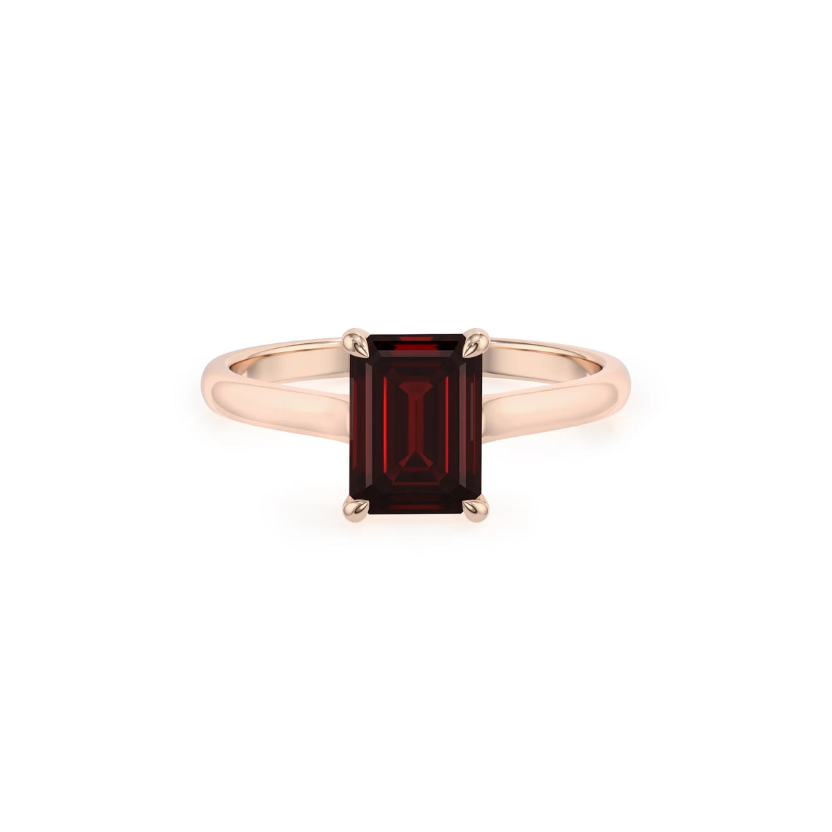natural garnet emerald cut solitaire rings in rose gold 