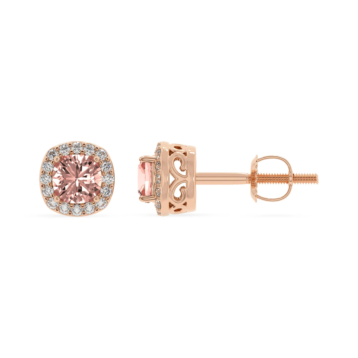 lab grown morganite cushion stud earrings in rose gold 