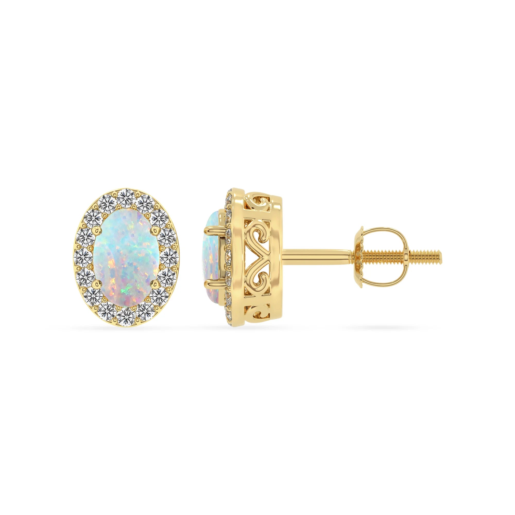 lab grown opal oval stud earrings in yellow gold 