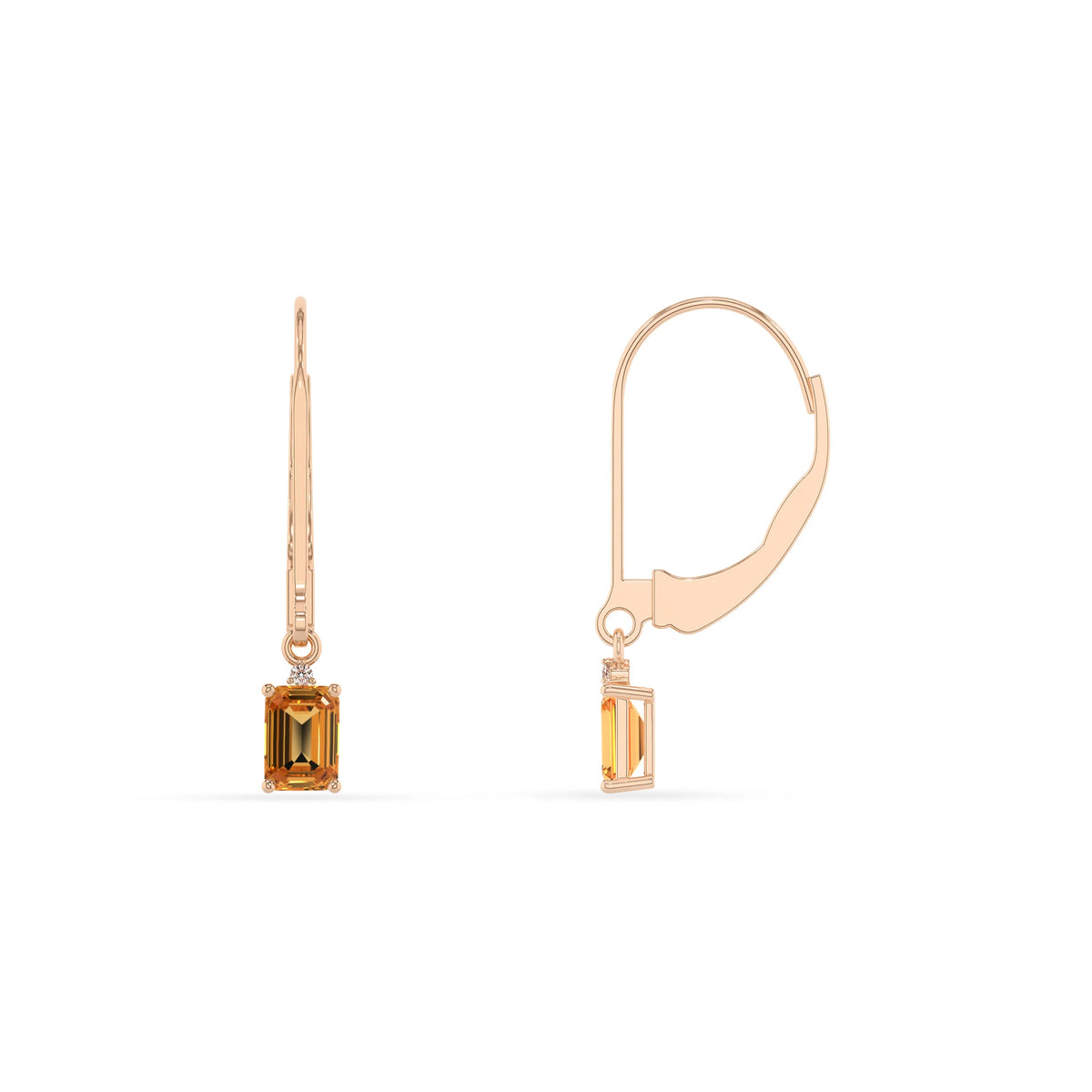 lab grown citrine emerald cut drop earrings in rose gold 