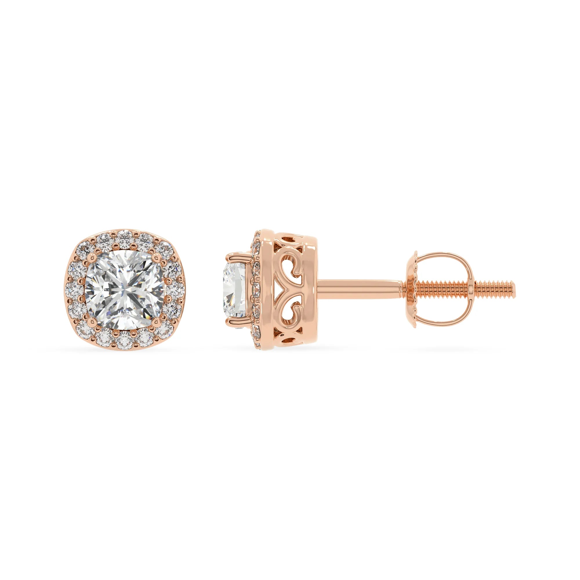 lab grown moissanite cushion stud earrings in rose gold 