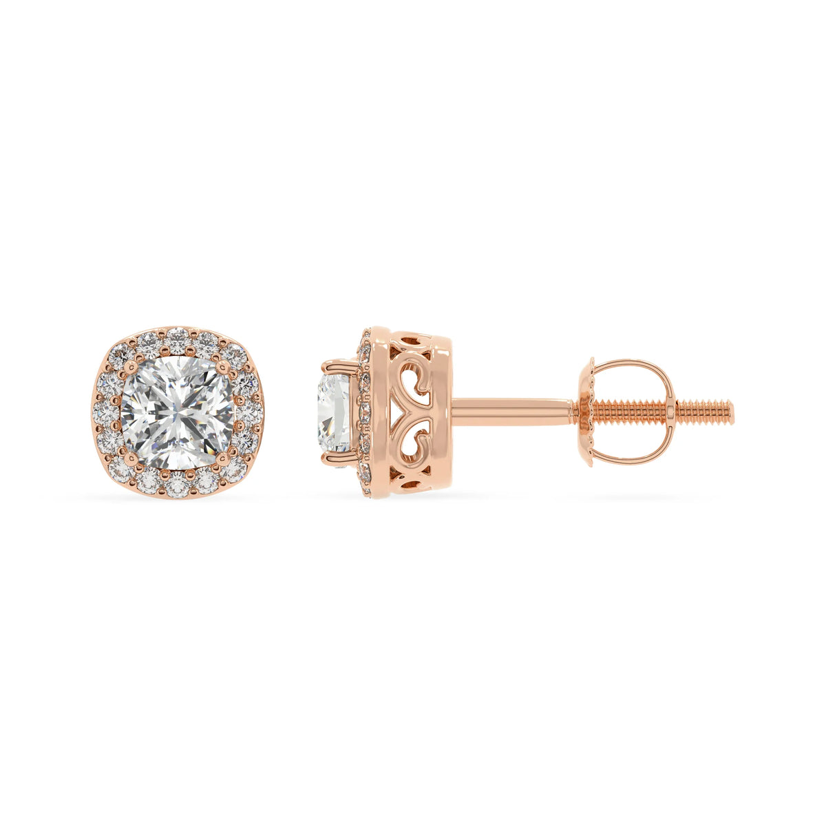 lab grown moissanite cushion stud earrings in rose gold 