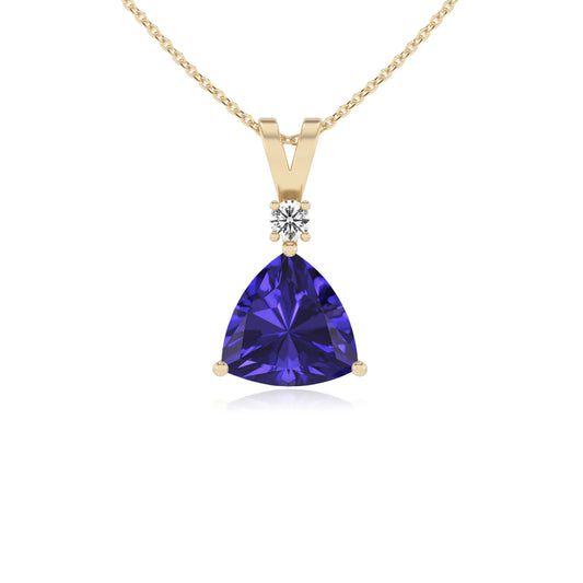 lab grown tanzanite trillion solitaire v-bale necklaces in yellow gold 