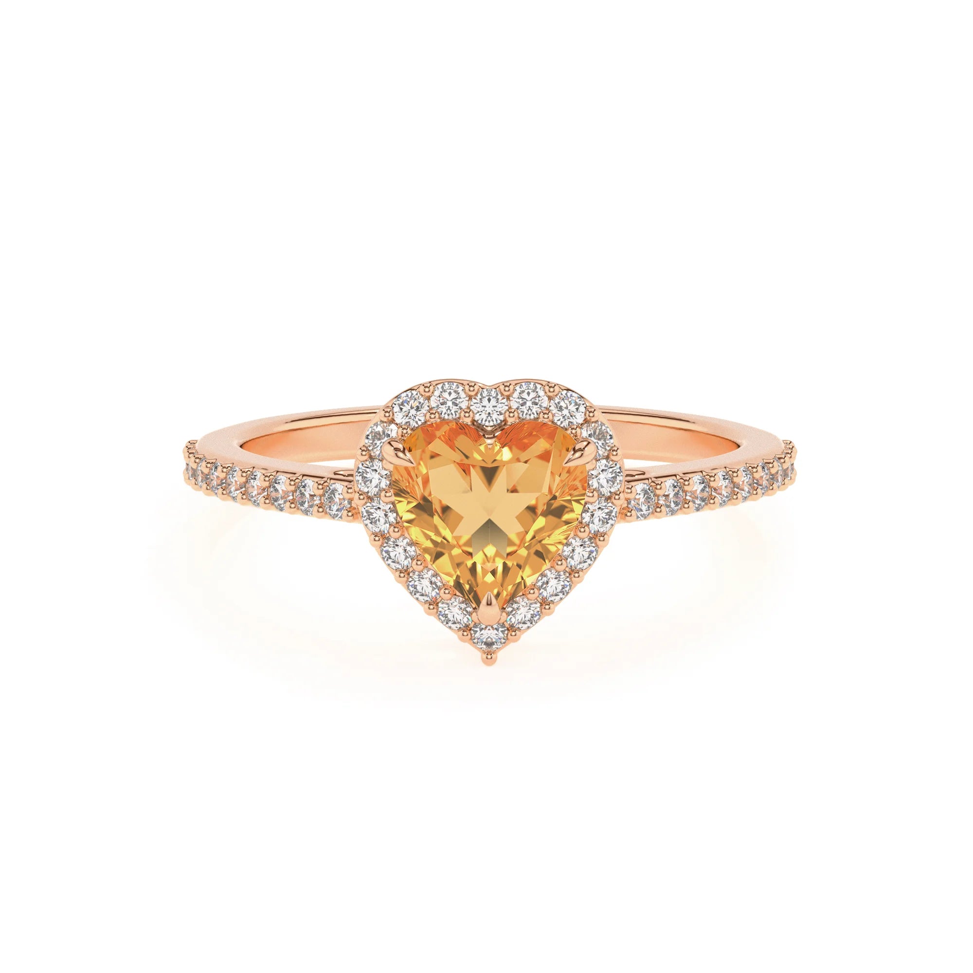 lab grown citrine heart solitaire rings in rose gold 