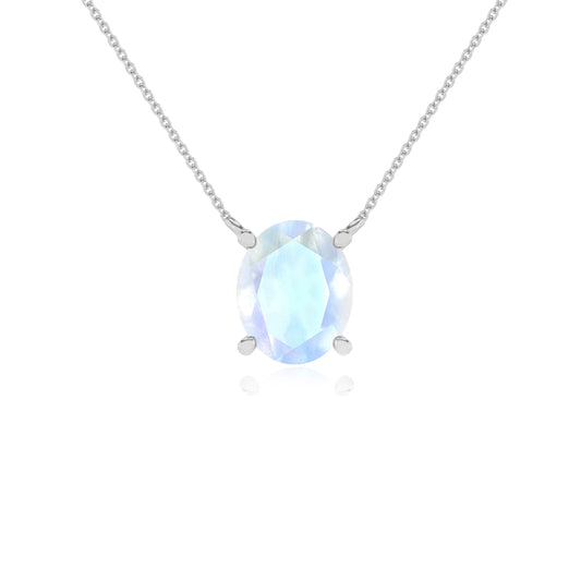 natural rainbow-moonstone oval solitaire necklaces in platinum 