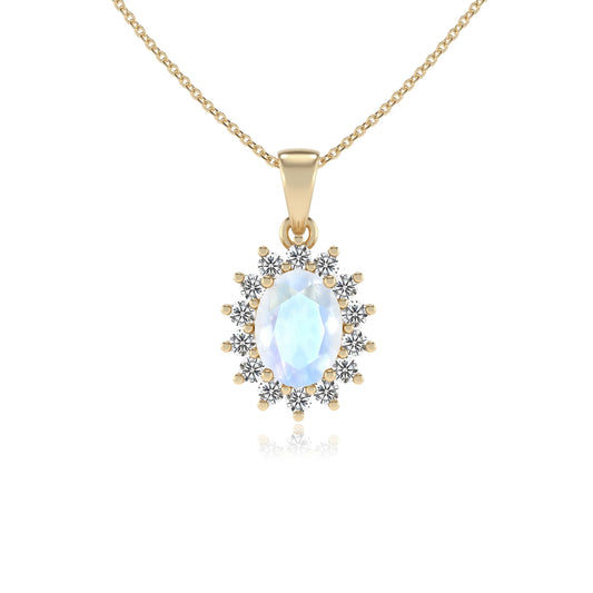 natural rainbow-moonstone oval halo necklaces in yellow gold 