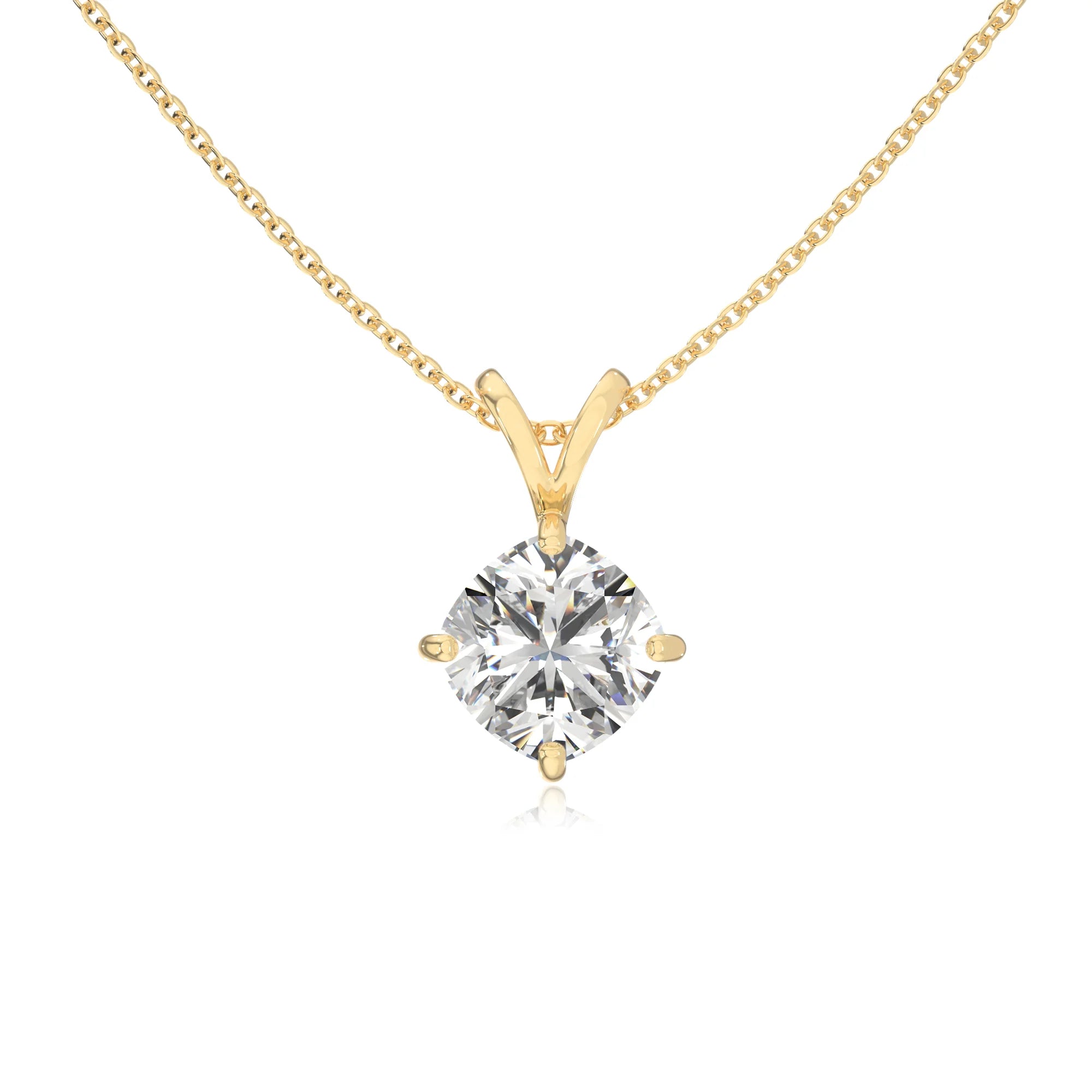 lab grown moissanite cushion solitaire v-bale necklaces in yellow gold 