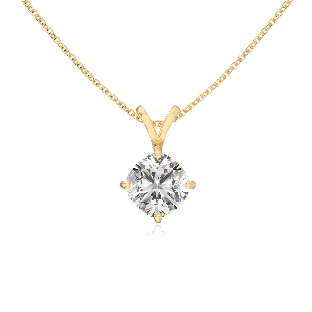 lab grown moissanite cushion solitaire v-bale necklaces in yellow gold 
