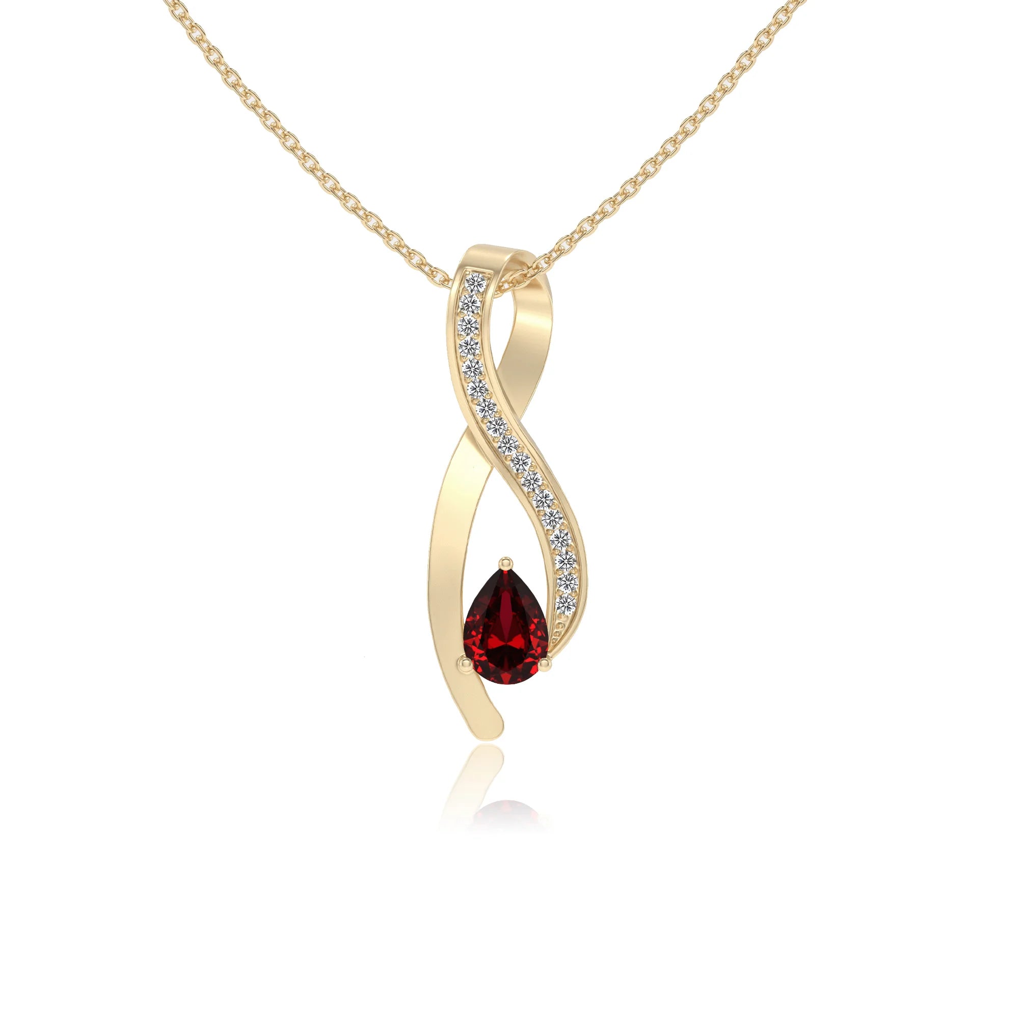 lab grown ruby pear solitaire necklaces in yellow gold 