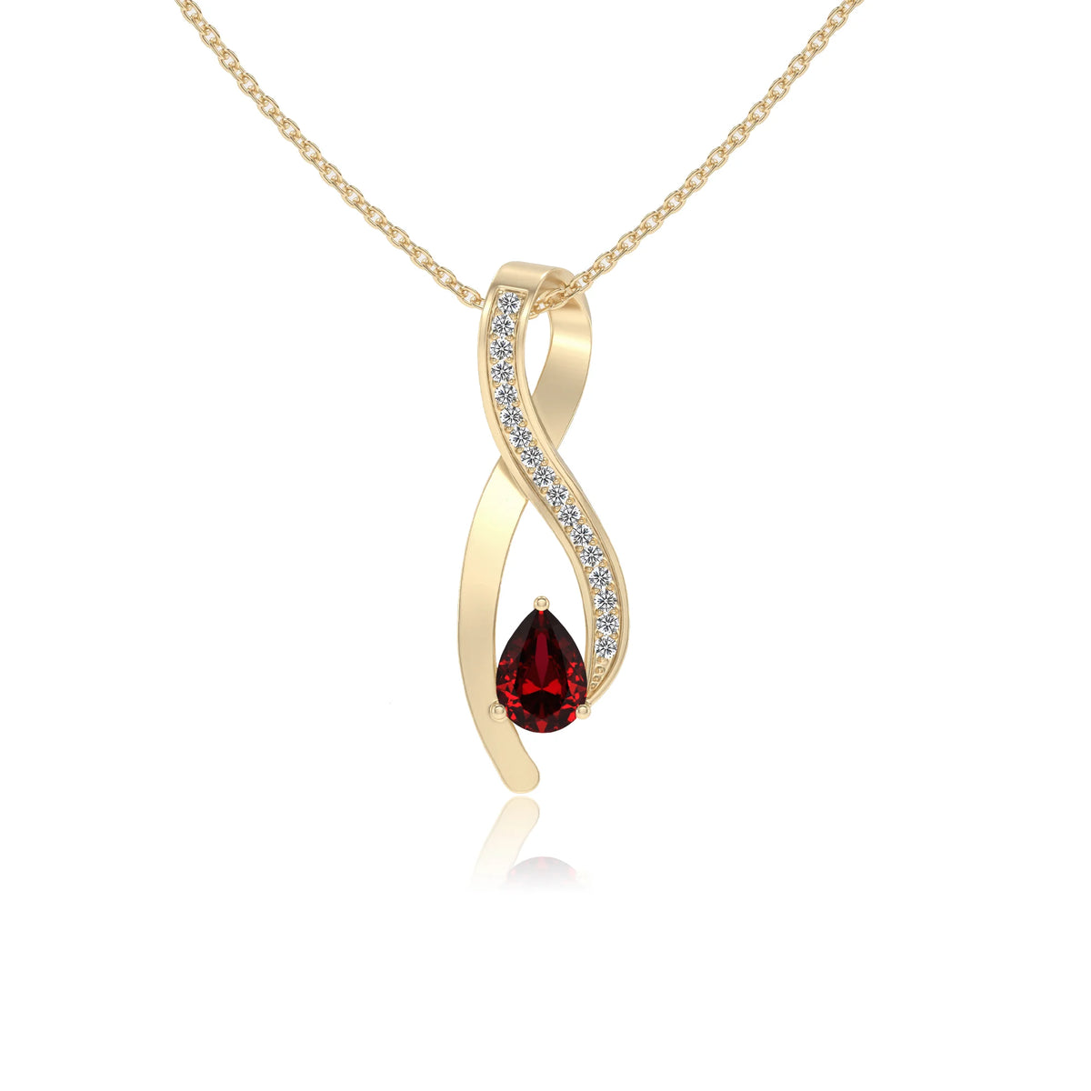 lab grown ruby pear solitaire necklaces in yellow gold 