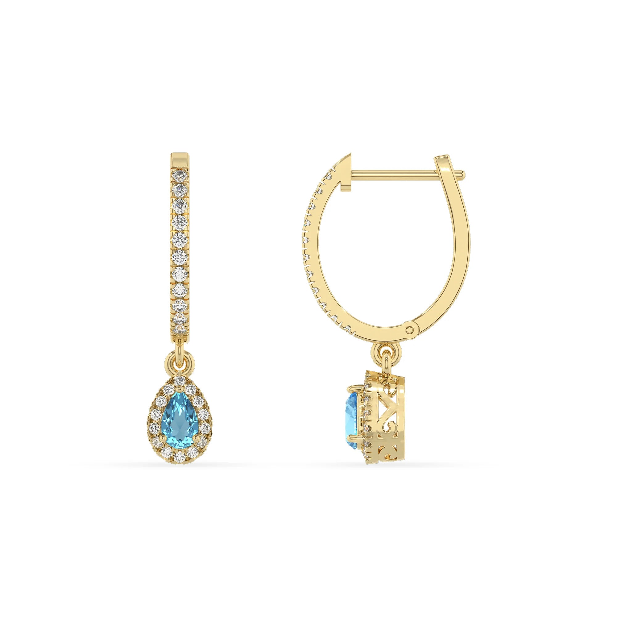 natural swiss blue topaz pear drop earrings in yellow gold 
