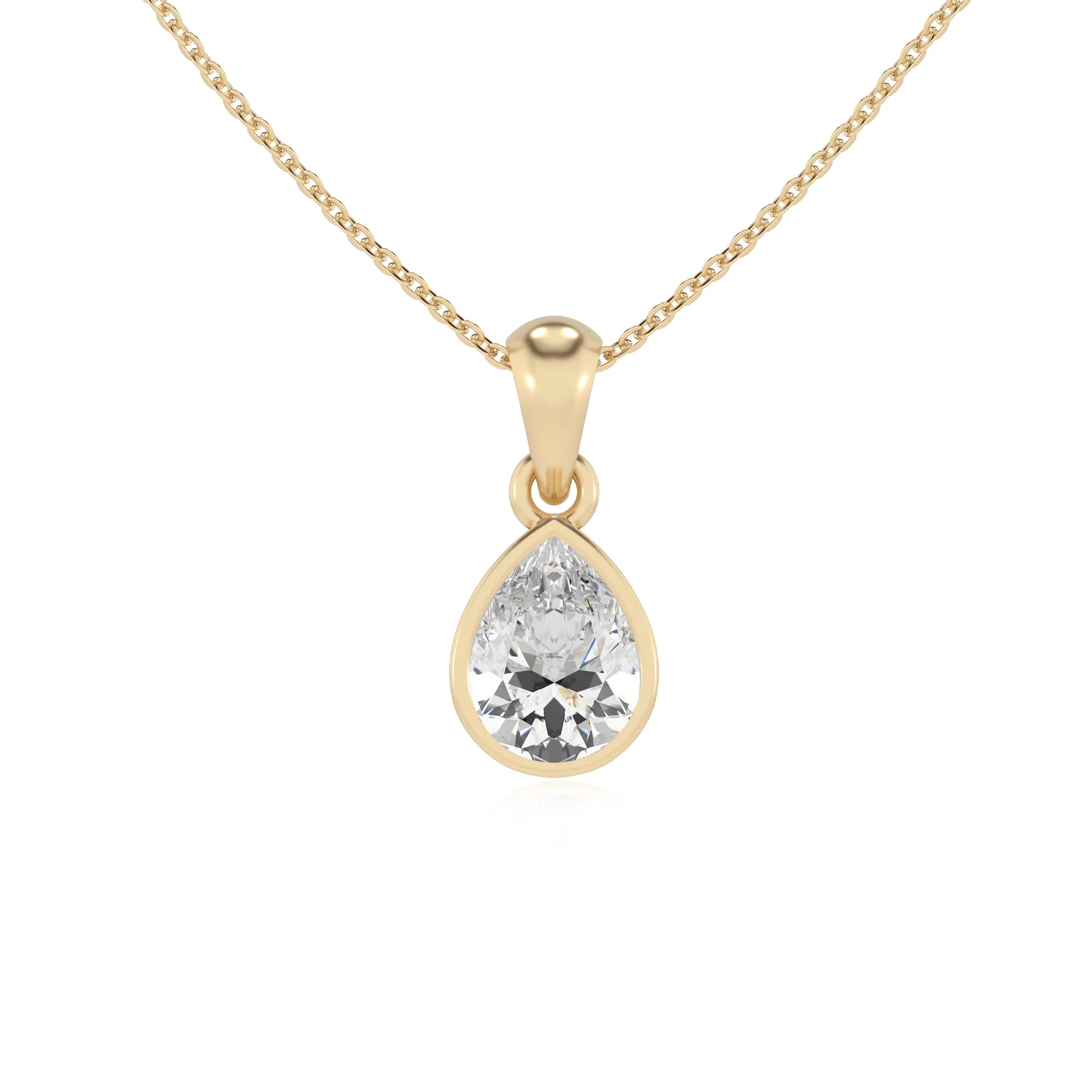 lab grown moissanite pear solitaire necklaces in yellow gold 