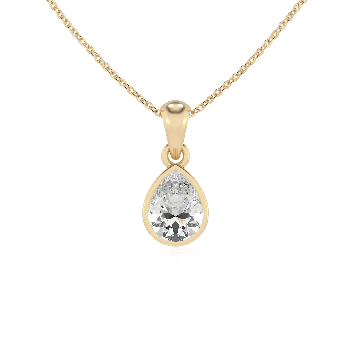 lab grown moissanite pear solitaire necklaces in yellow gold 