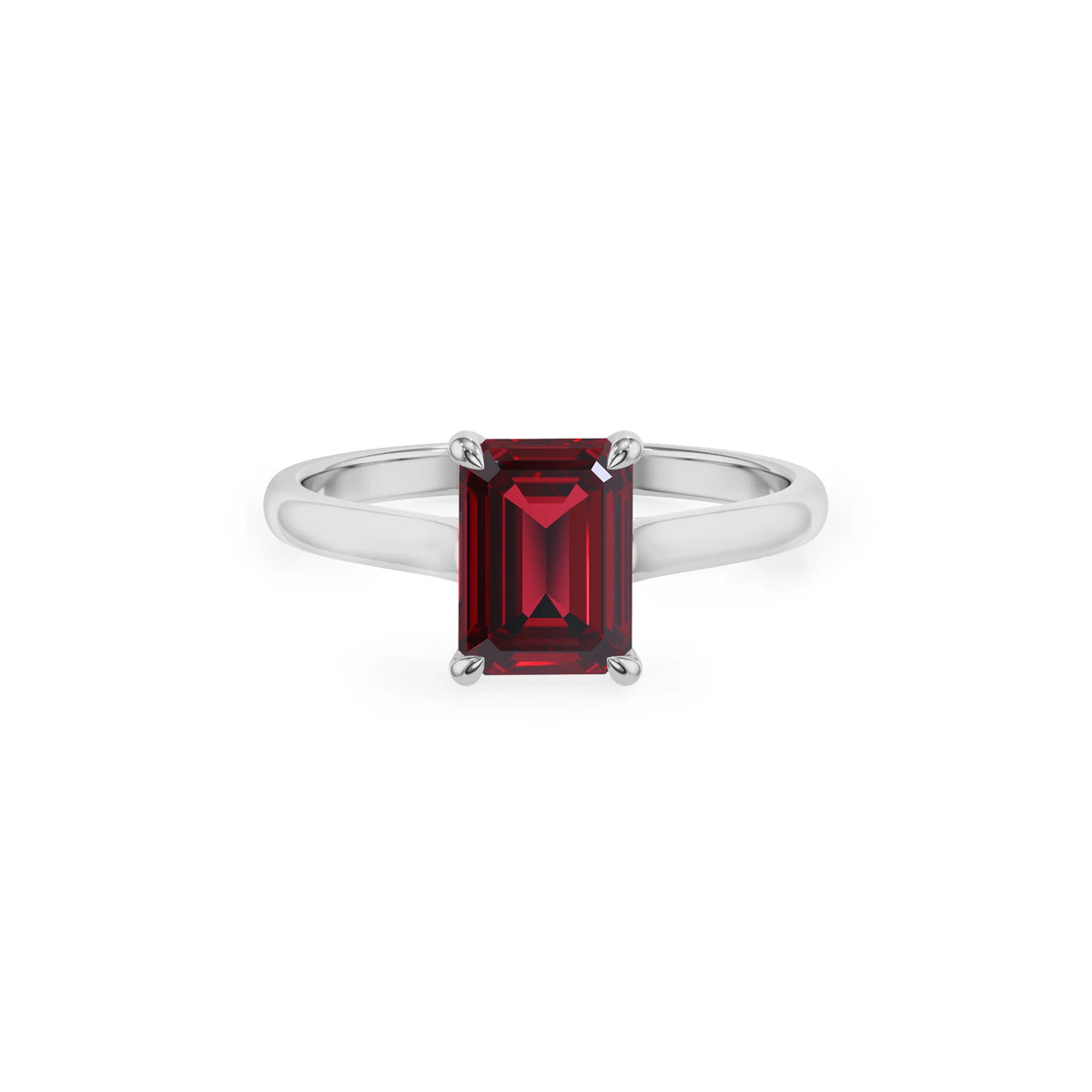 lab grown ruby emerald cut solitaire rings in white gold 