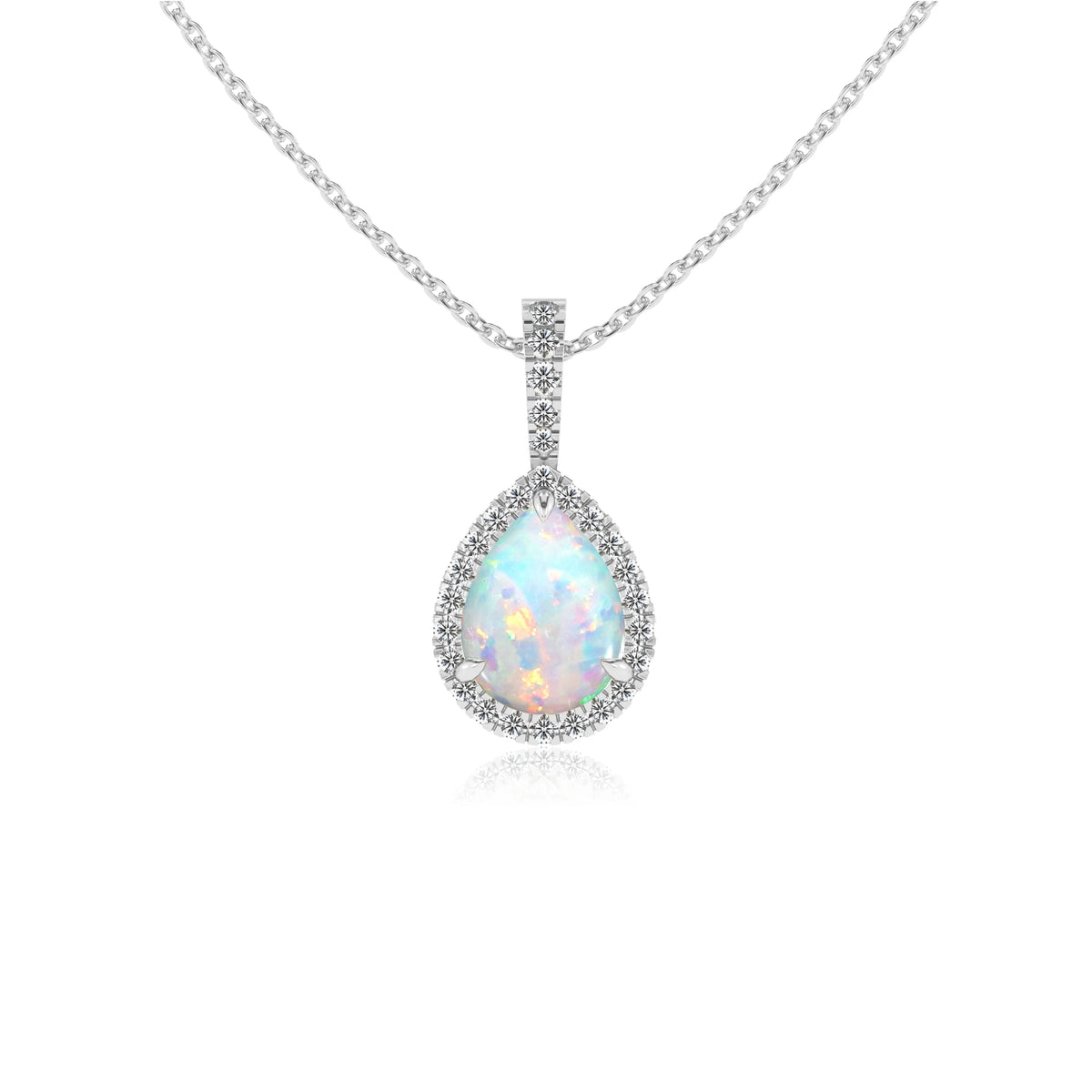 lab grown opal pear solitaire necklaces in white gold 