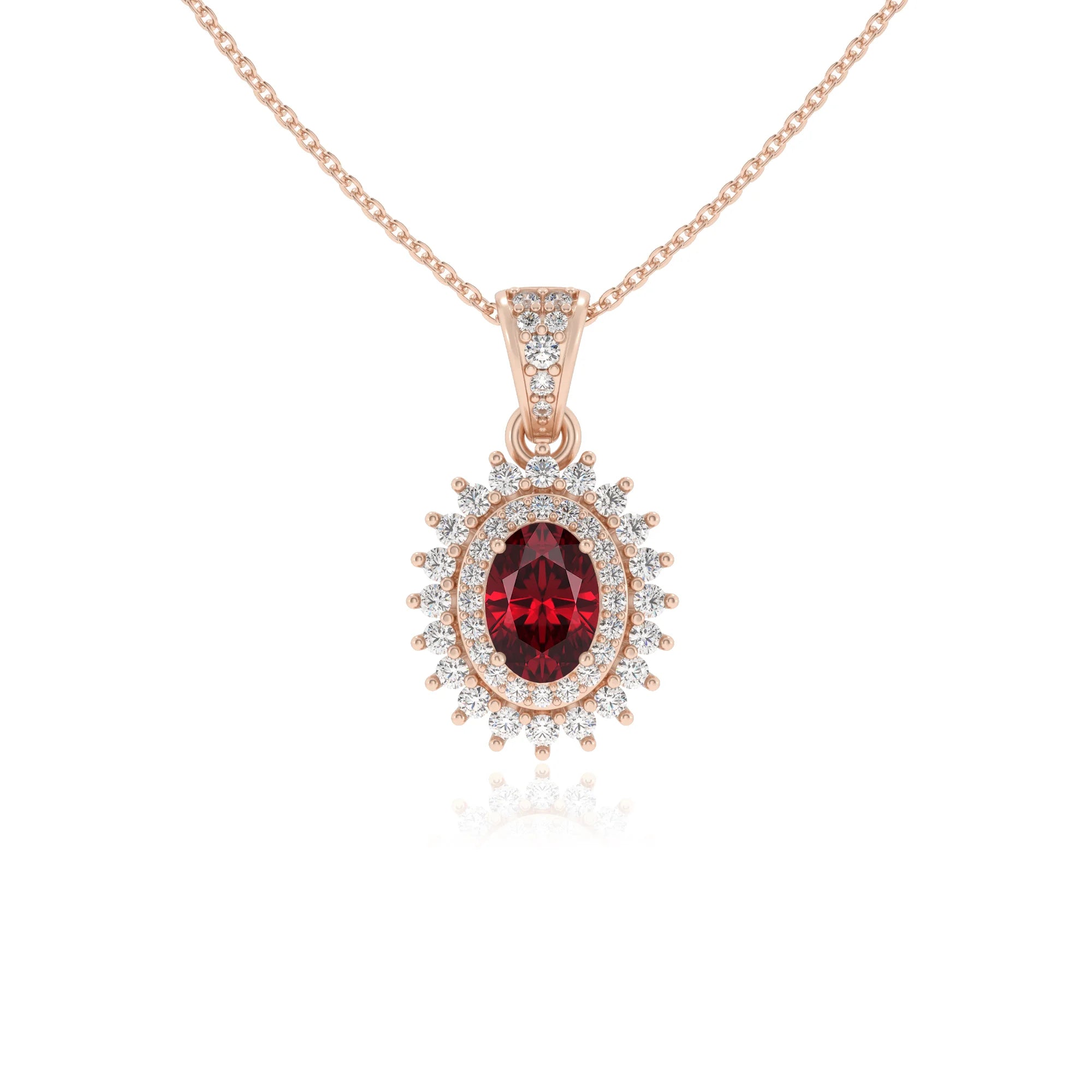 lab grown ruby oval halo necklaces in rose gold 