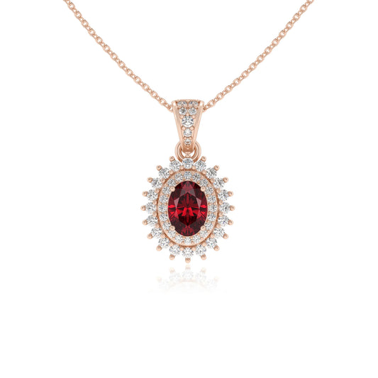 lab grown ruby oval halo necklaces in rose gold 