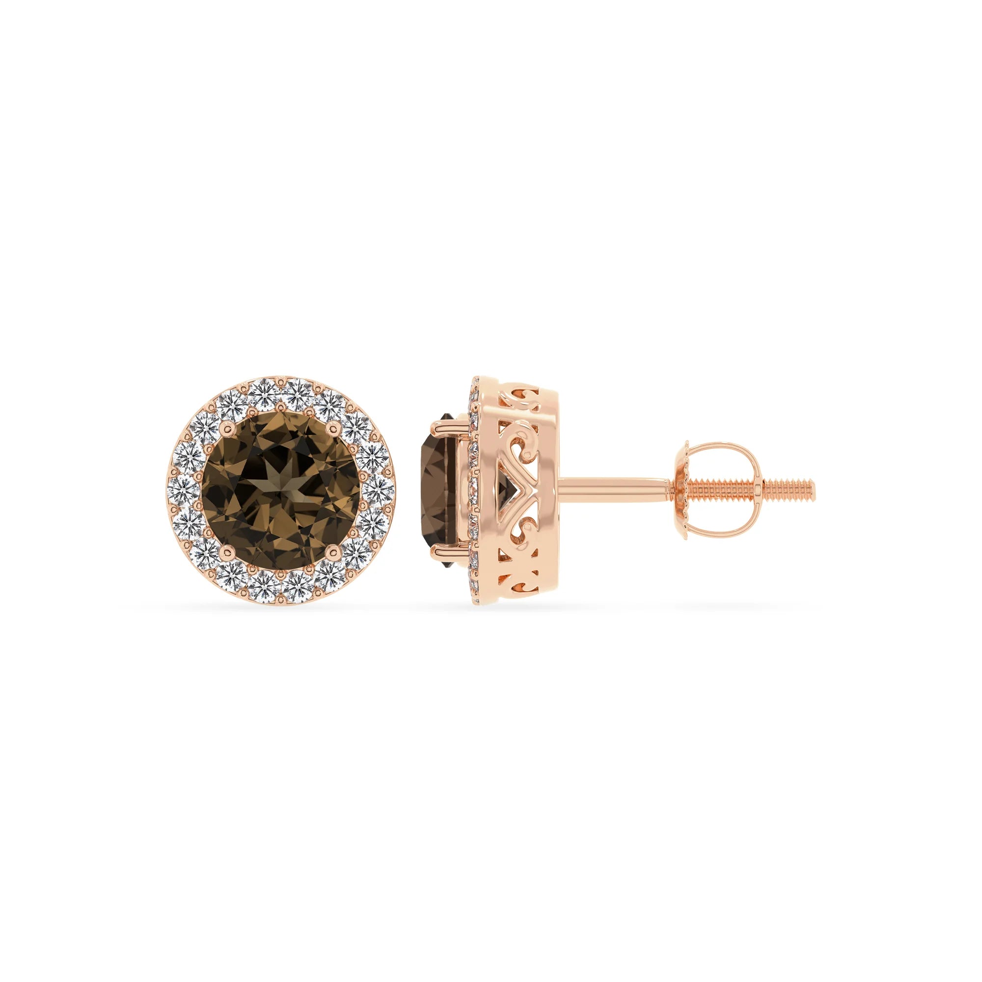 natural smoky quartz round stud earrings in rose gold 