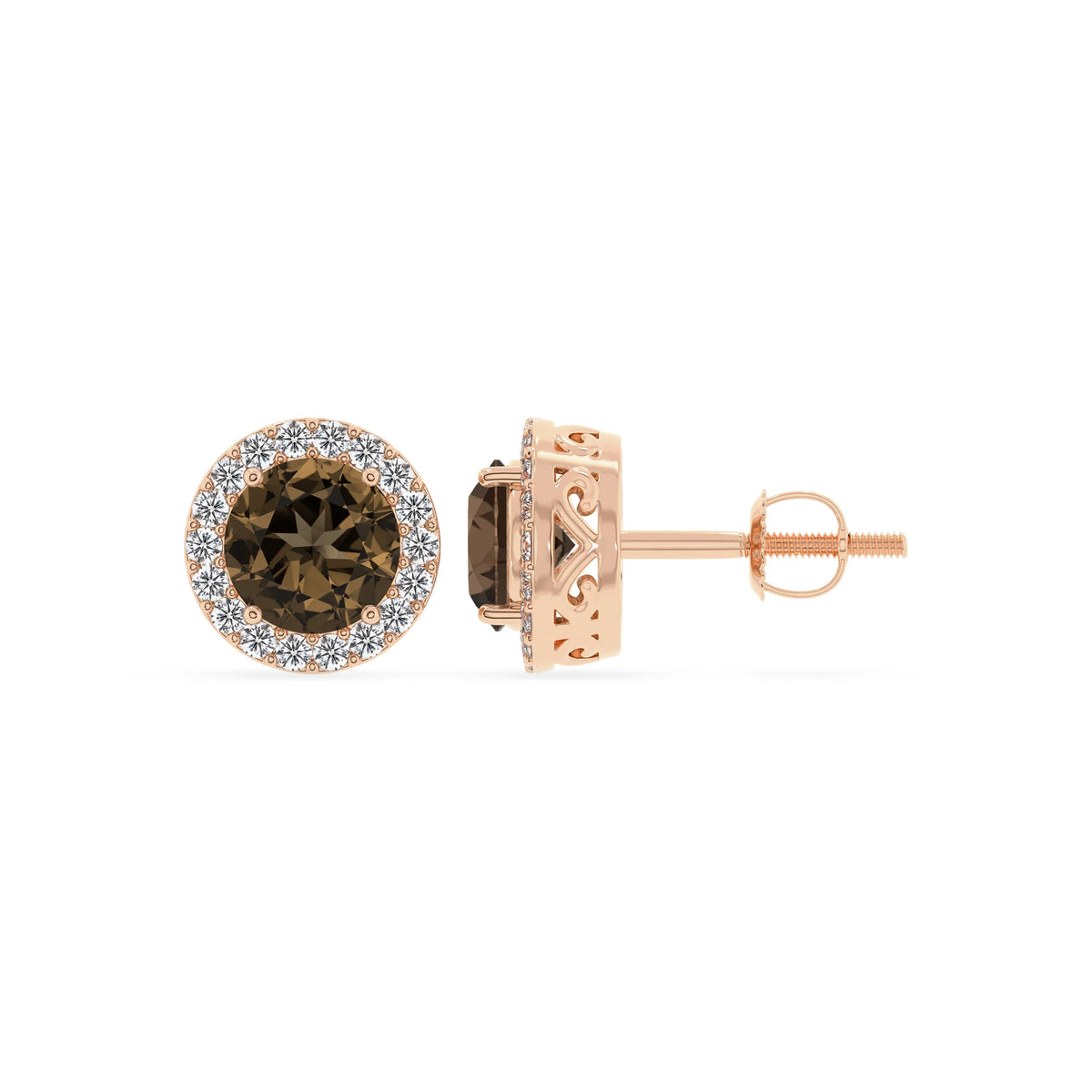 natural smoky quartz round stud earrings in rose gold 