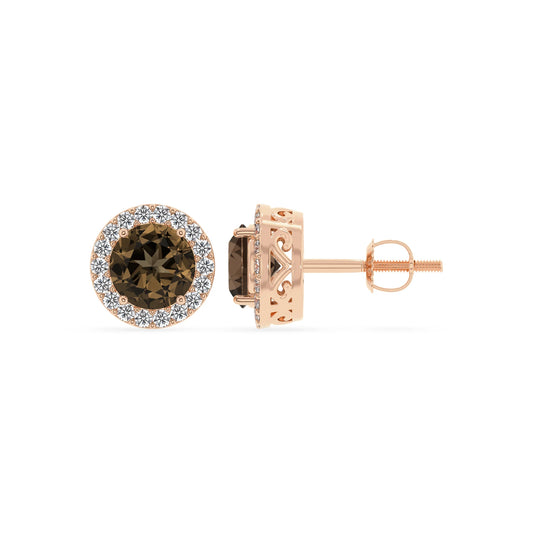 natural smoky quartz round stud earrings in rose gold 