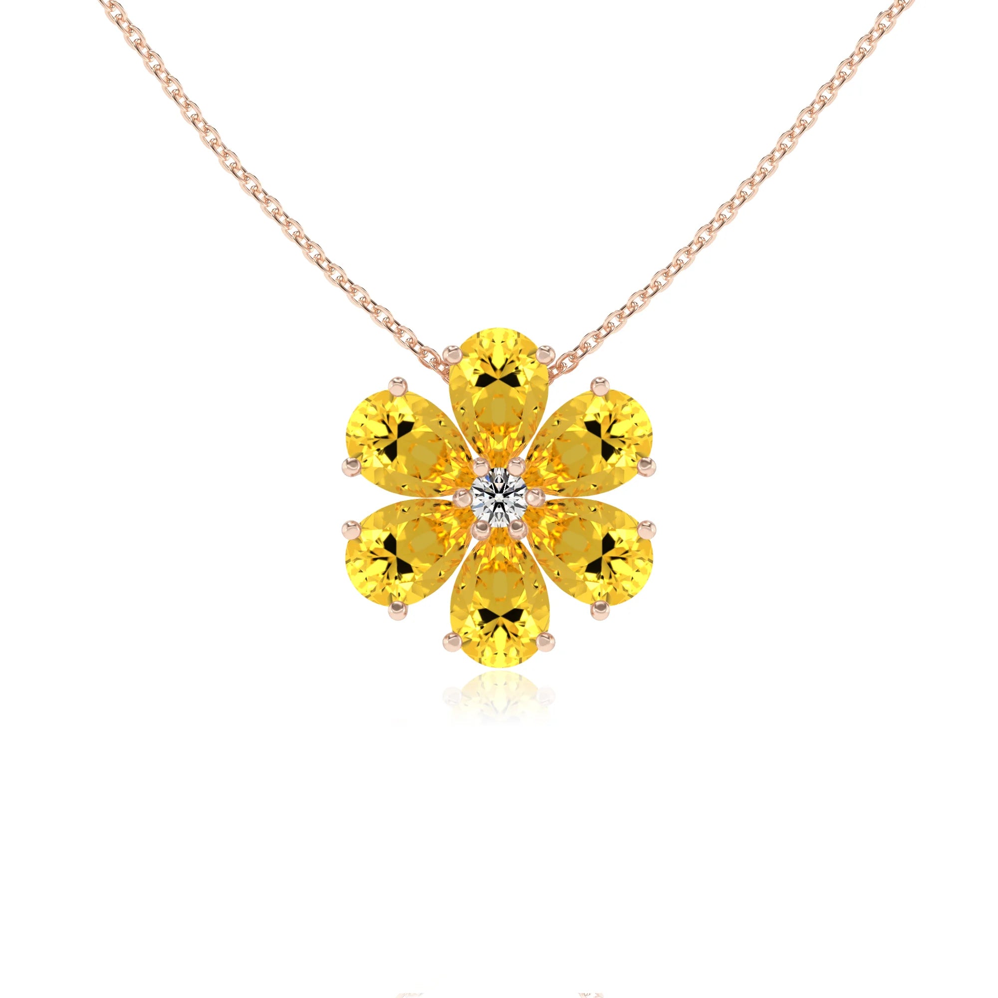 lab grown yellow-sapphire pear solitaire necklaces in rose gold 