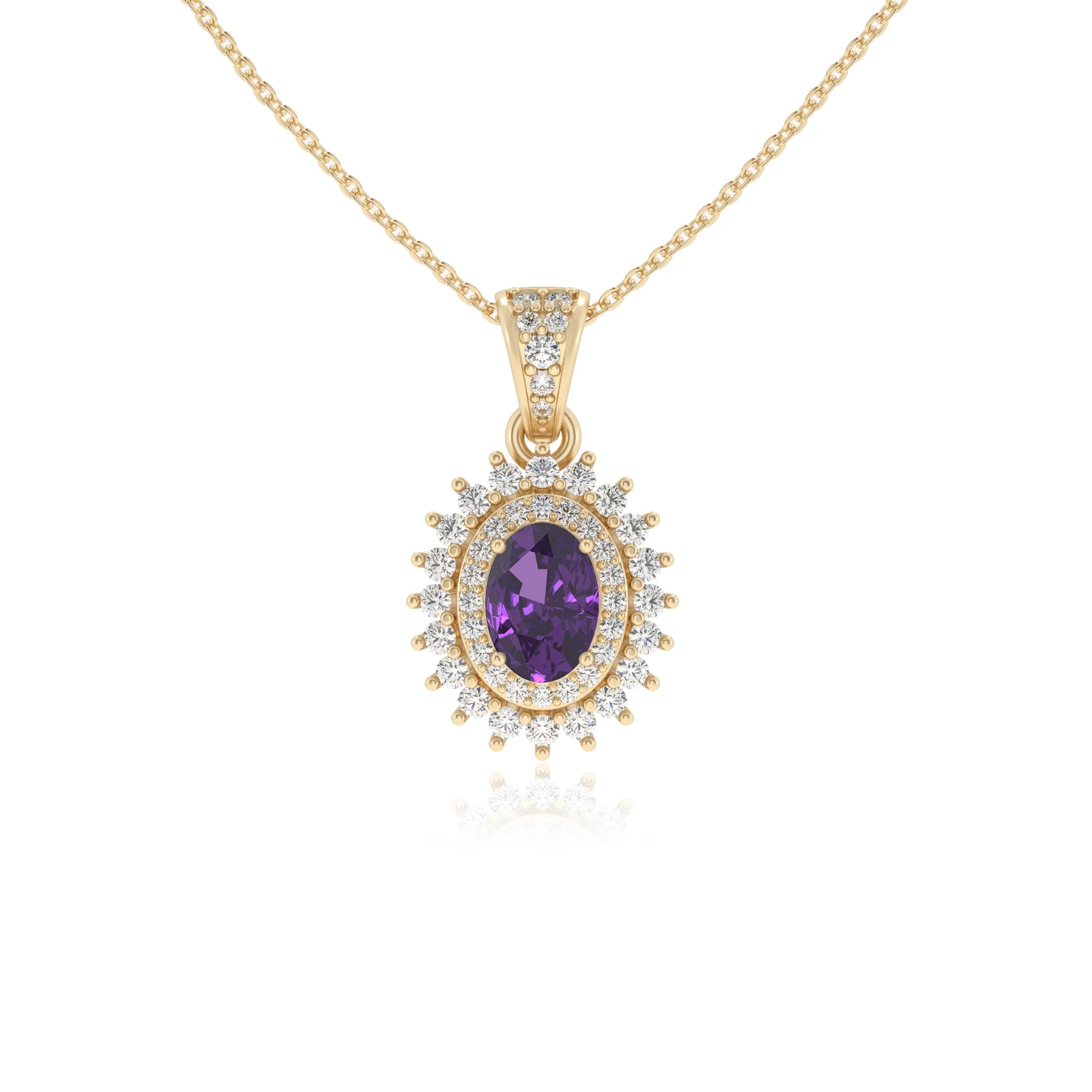 lab grown amethyst oval halo necklaces in yellow gold 