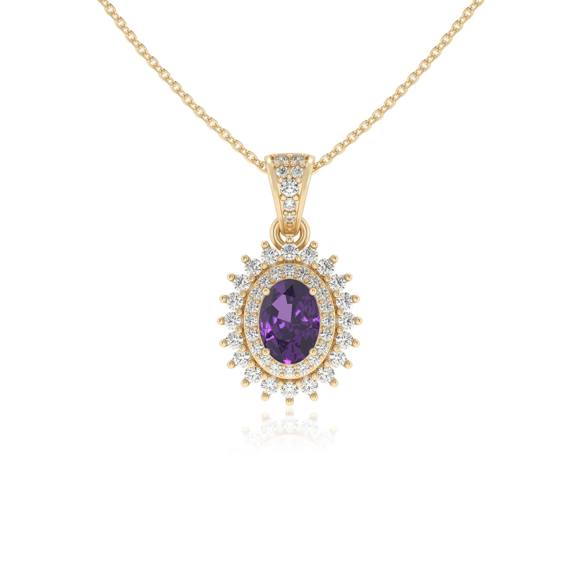 lab grown amethyst oval halo necklaces in yellow gold 