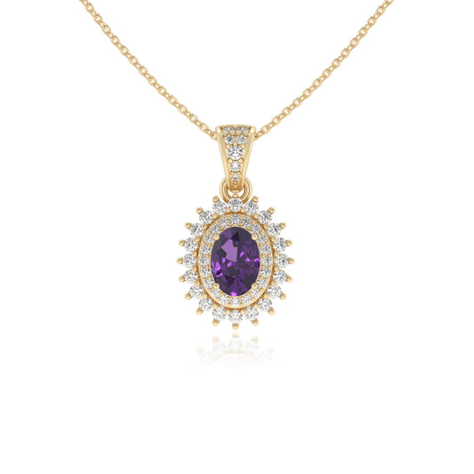 lab grown amethyst oval halo necklaces in yellow gold 