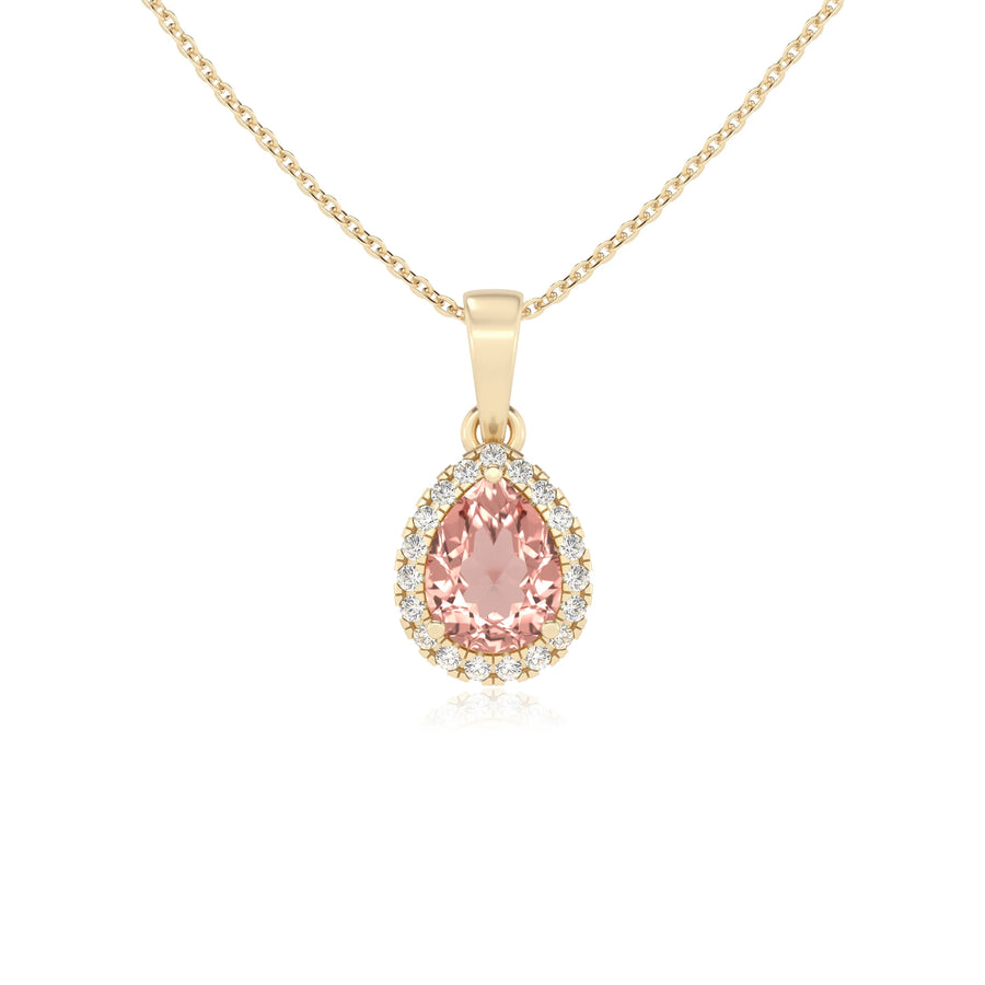 lab grown morganite pear solitaire necklaces in yellow gold 