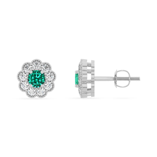 lab grown emerald round stud earrings in sterling silver 