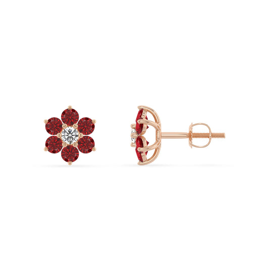Lab Grown Ruby Round Stud Earrings with Diamond