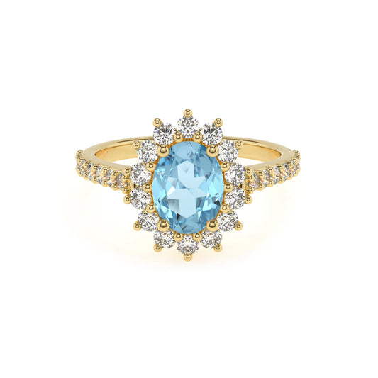 lab grown aquamarine oval solitaire rings in yellow gold 