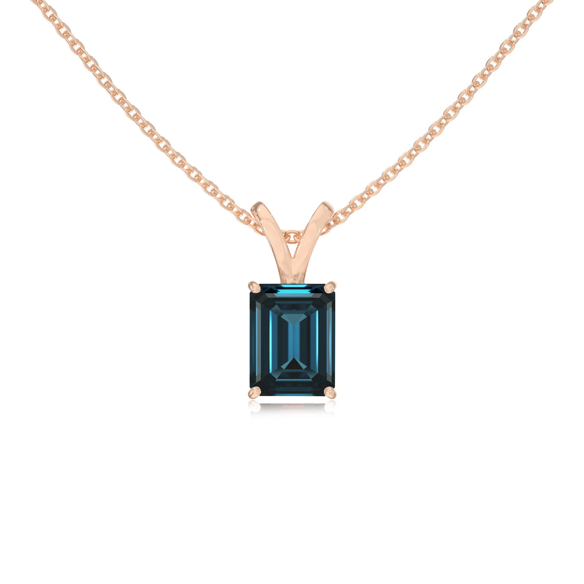 natural london-blue-topaz emerald cut solitaire v-bale necklaces in rose gold 