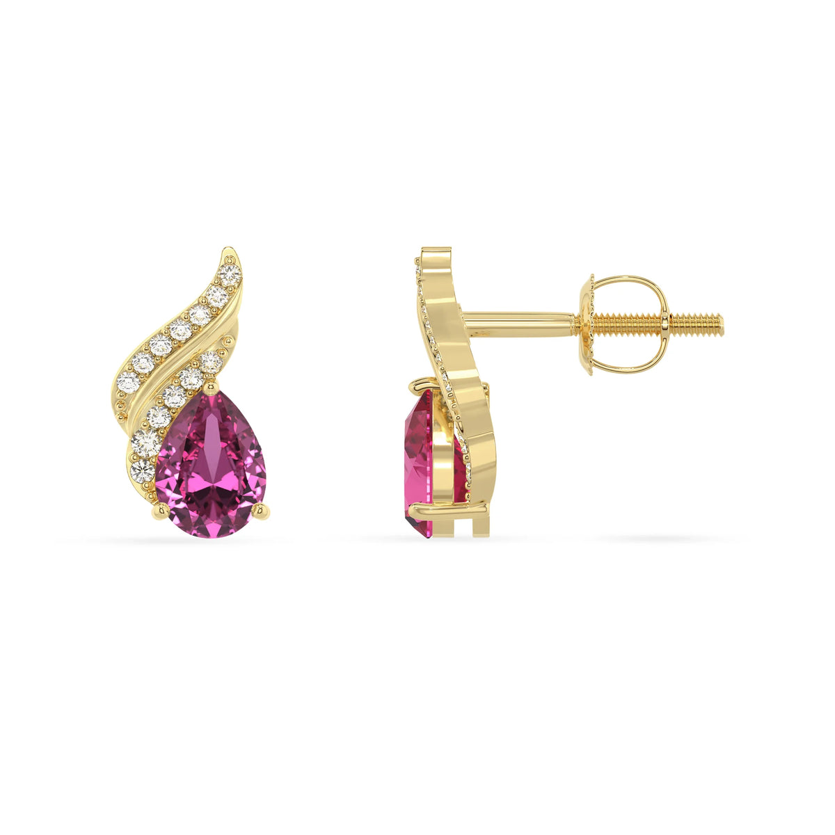 lab grown pink sapphire pear stud earrings in yellow gold 