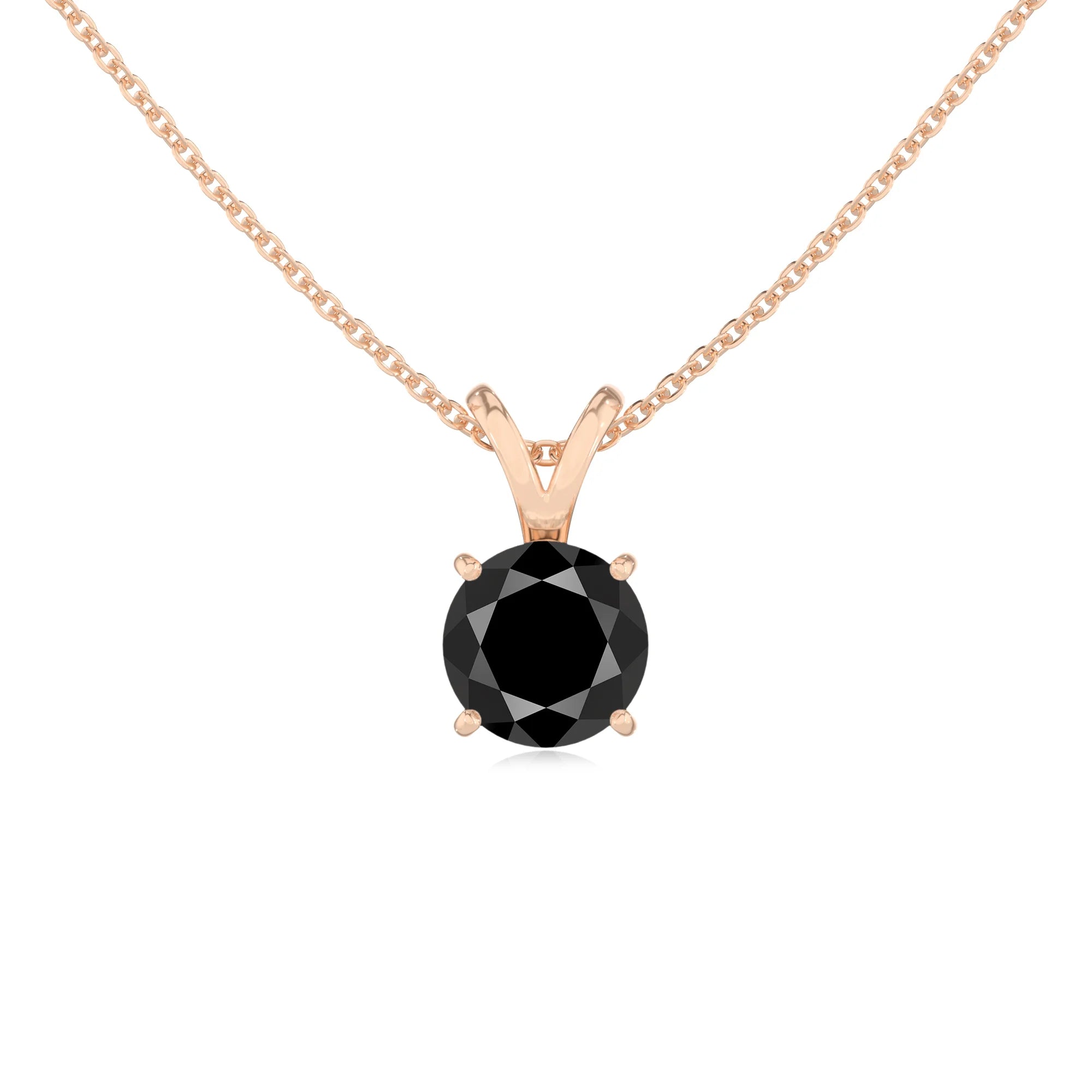 natural black-onyx round solitaire v-bale necklaces in rose gold 
