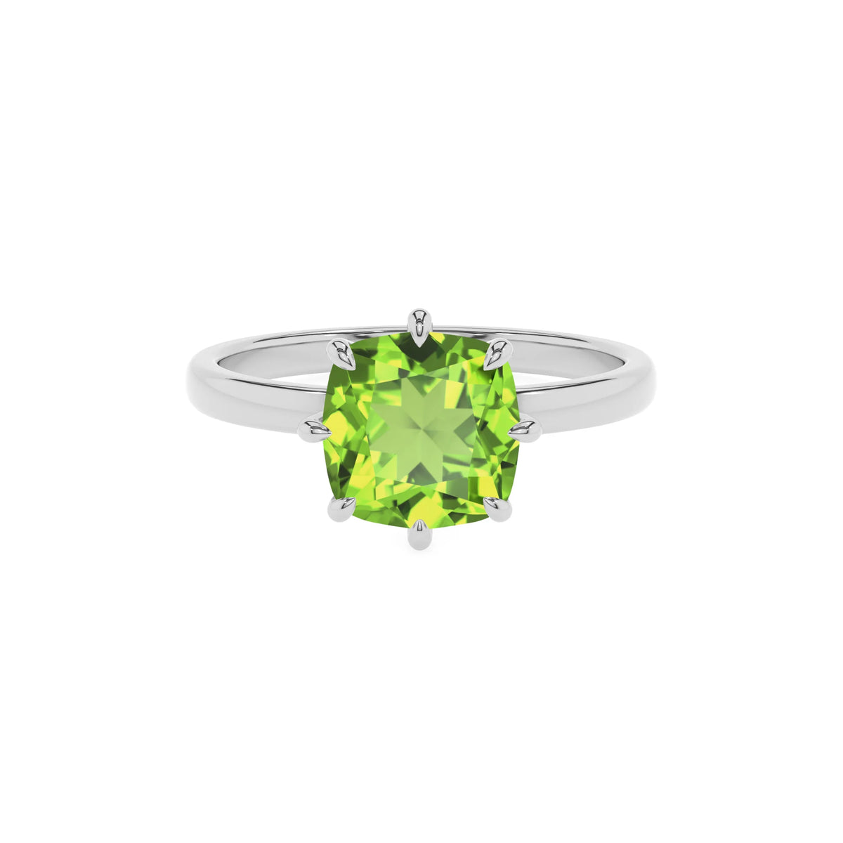 natural peridot cushion solitaire rings in sterling silver 