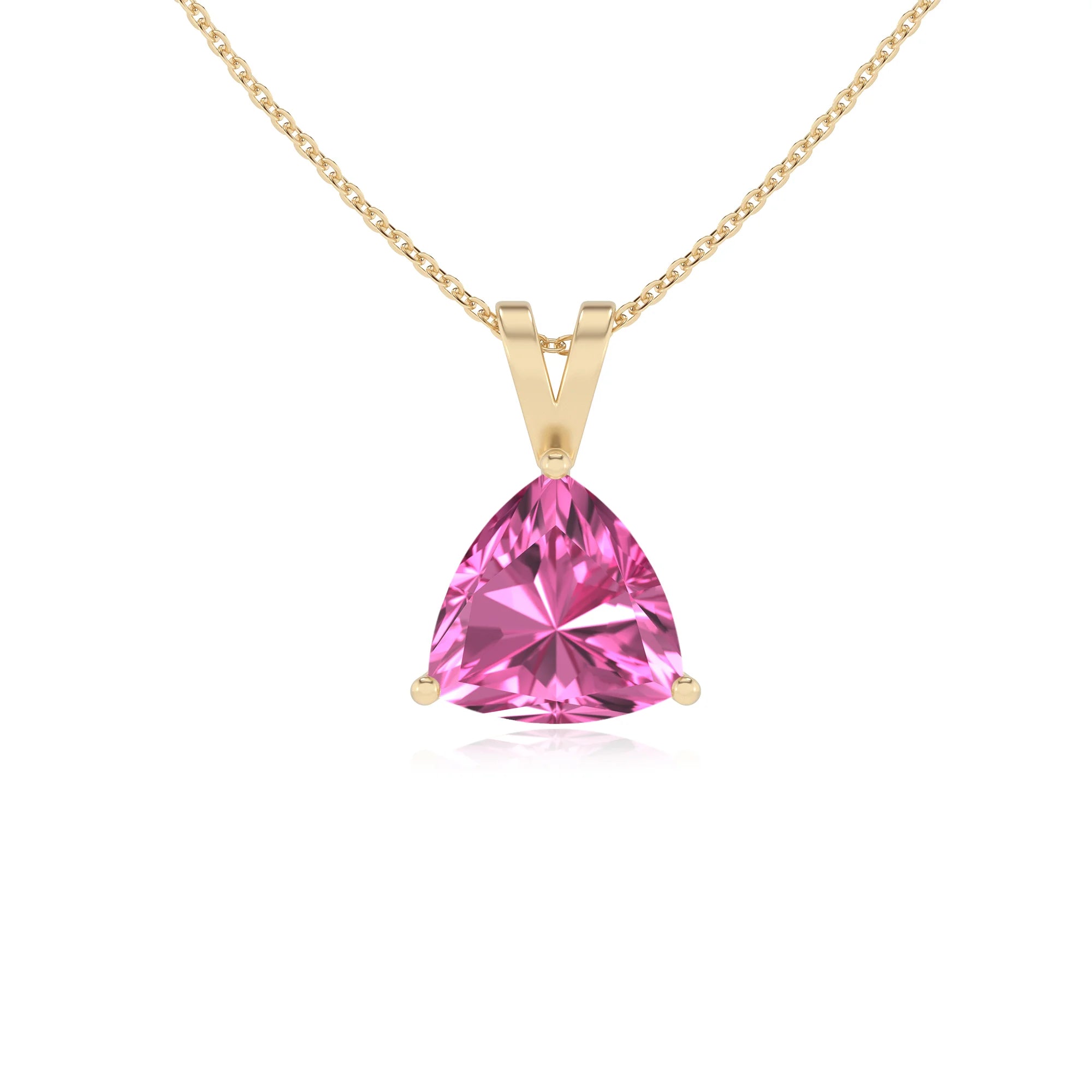 lab grown pink-sapphire trillion solitaire v-bale necklaces in yellow gold 