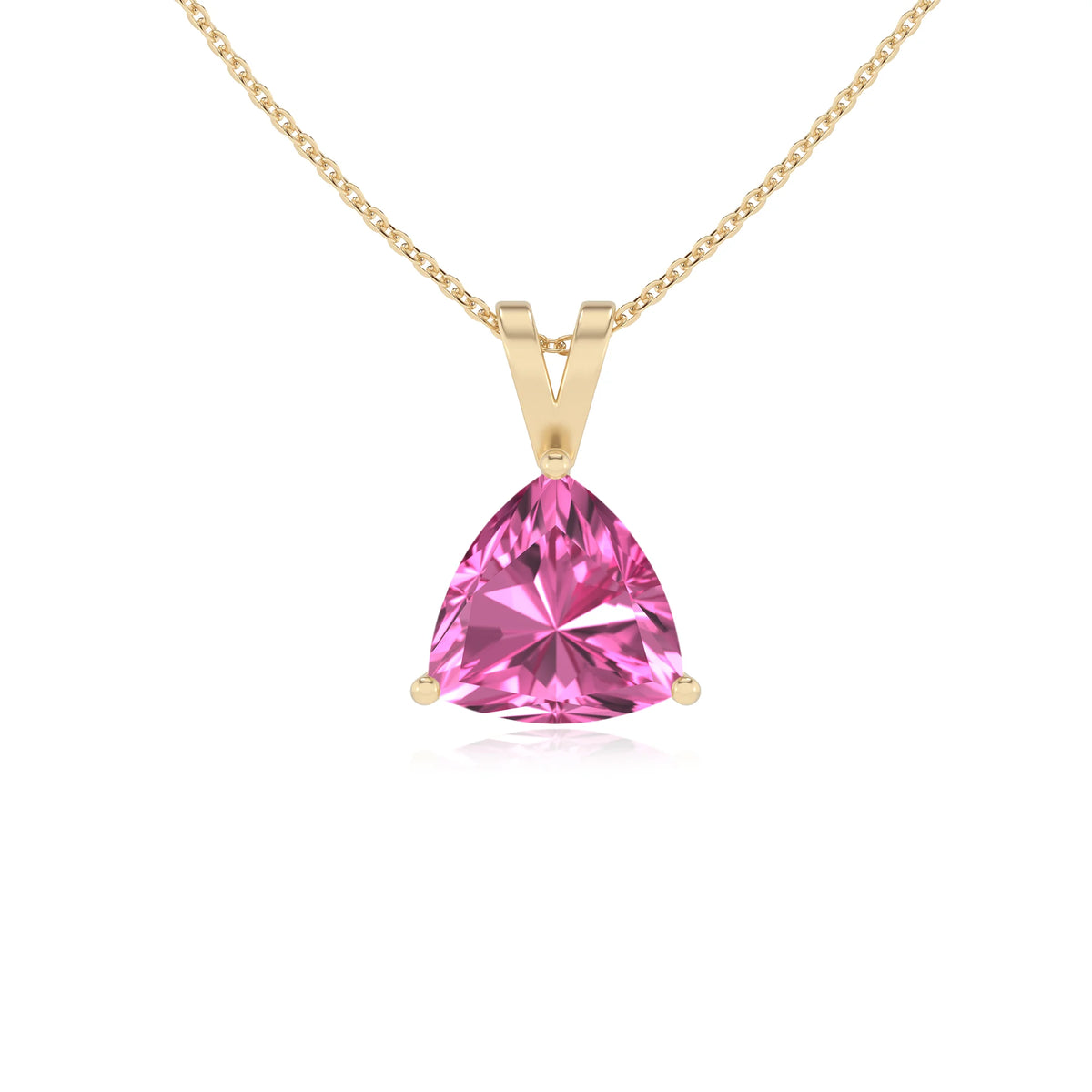 lab grown pink-sapphire trillion solitaire v-bale necklaces in yellow gold 
