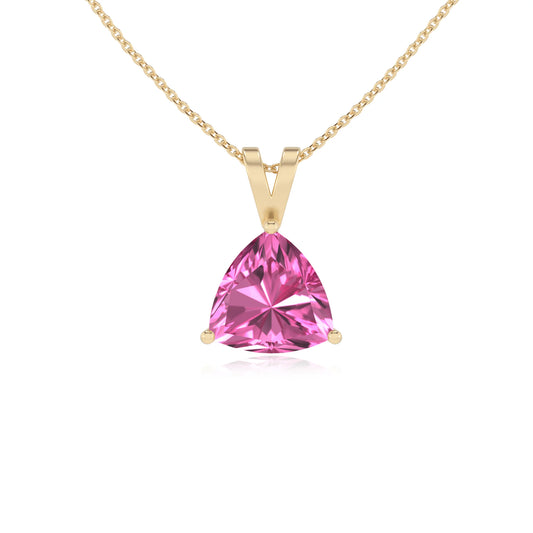 lab grown pink-sapphire trillion solitaire v-bale necklaces in yellow gold 