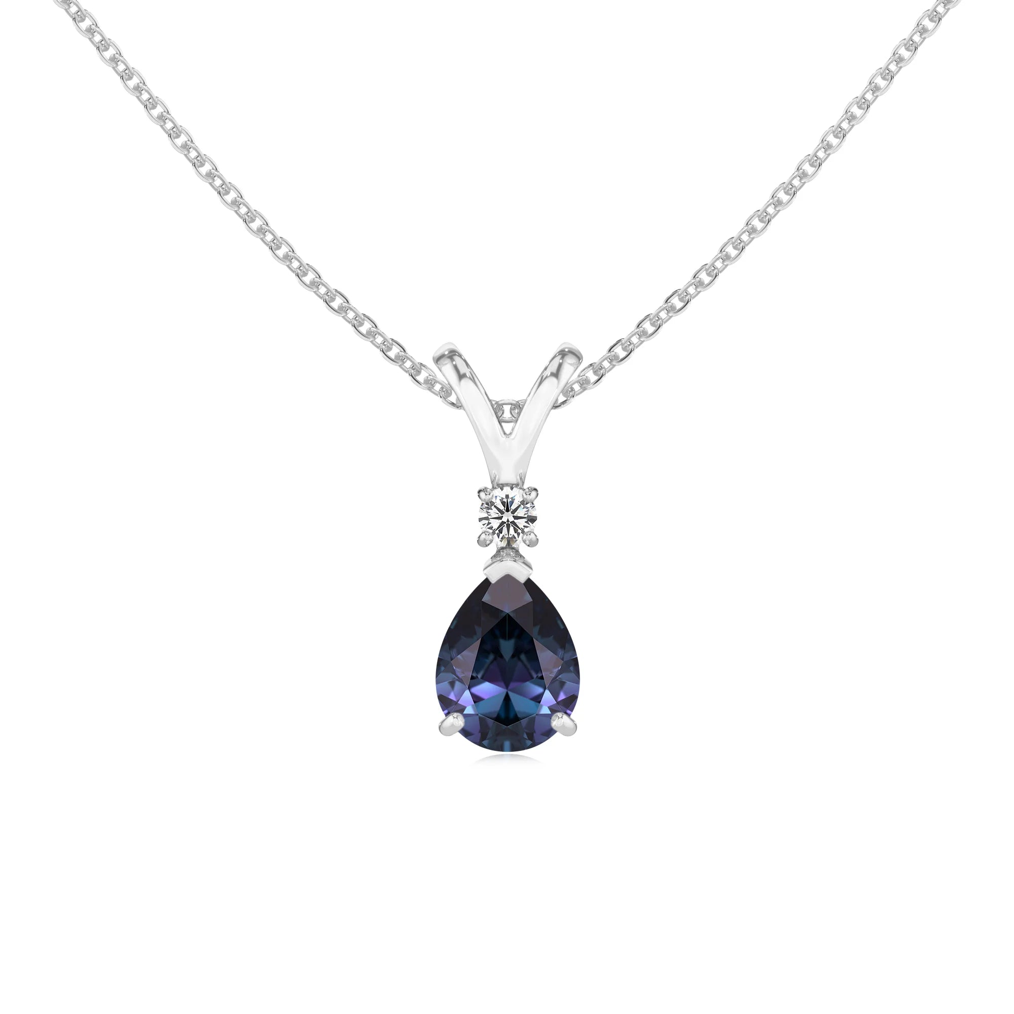 lab grown alexandrite pear solitaire v-bale necklaces in platinum 