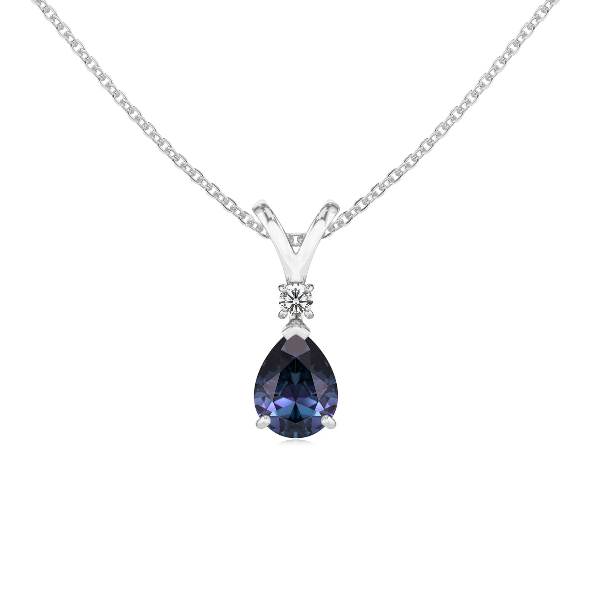 lab grown alexandrite pear solitaire v-bale necklaces in platinum 