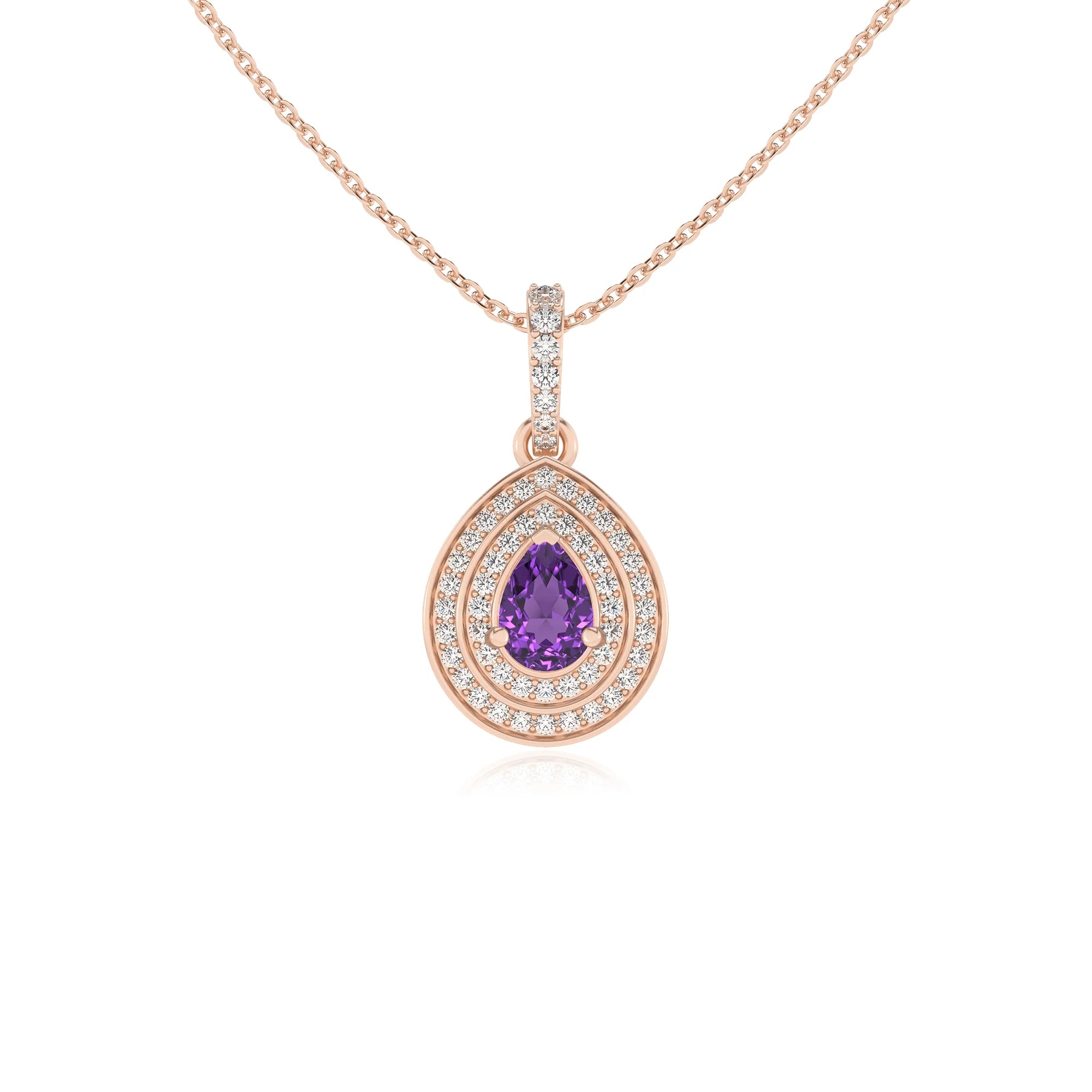 lab grown amethyst pear halo necklaces in rose gold 