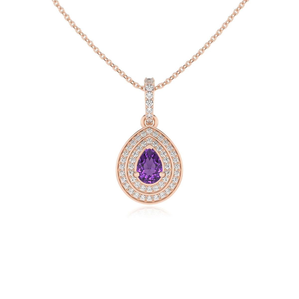 lab grown amethyst pear halo necklaces in rose gold 