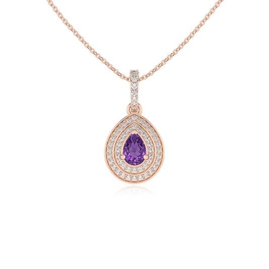 lab grown amethyst pear halo necklaces in rose gold 