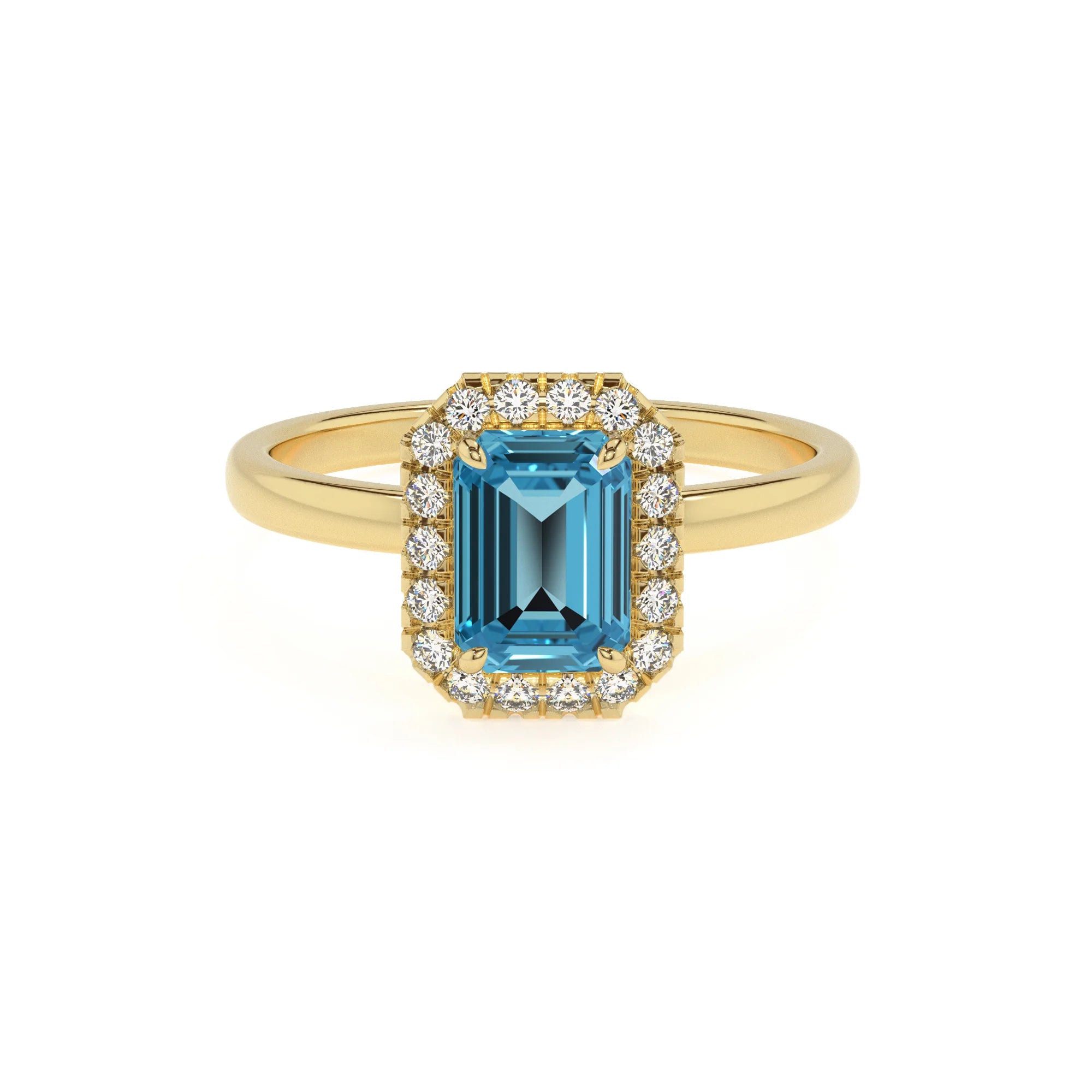 natural swiss-blue-topaz emerald cut solitaire rings in yellow gold 